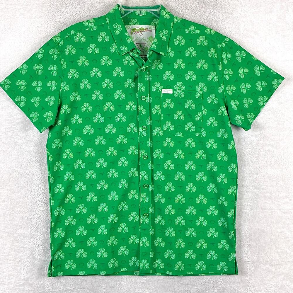 Retro Rifle Shirt Mens L Green Getn Lucky Clover UZI AOP Performance Stretch